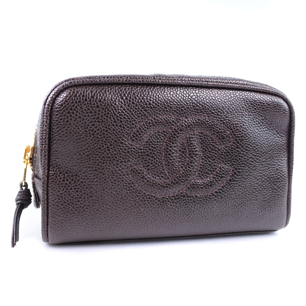 【CHANEL】シャネル コスメポーチ マットキャビアスキン 茶 レディース ポーチ【中古】