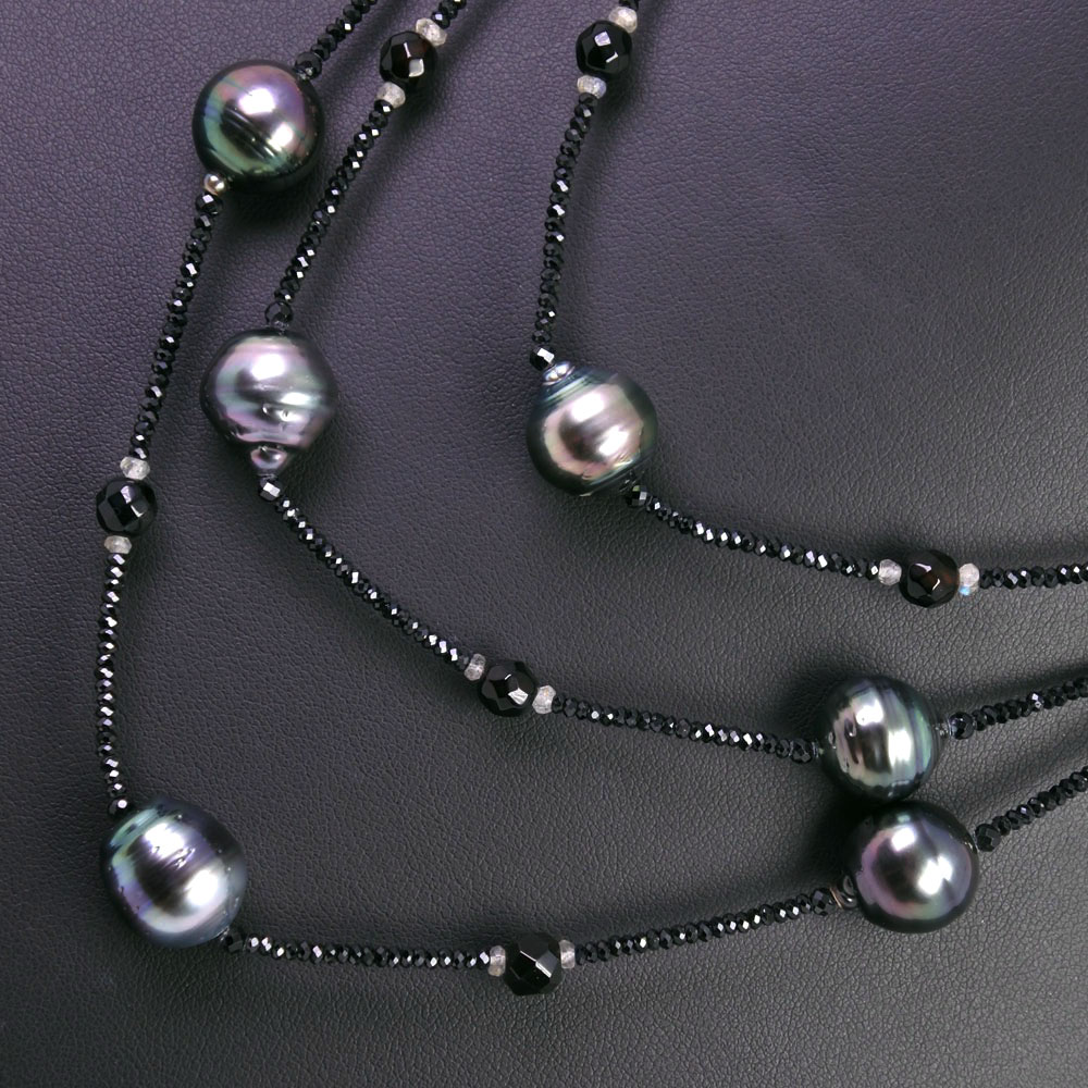 真珠13ｍｍ ブラックパール（黒蝶真珠）×オニキス×シルバー925 レディース ネックレス