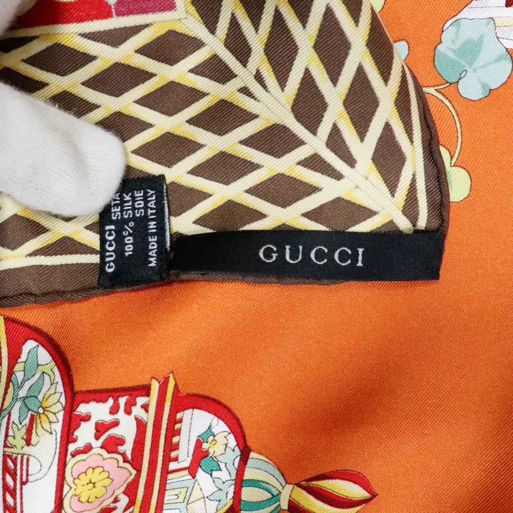 GUCCI】グッチ シルク オレンジ/茶 レディース スカーフ【中古