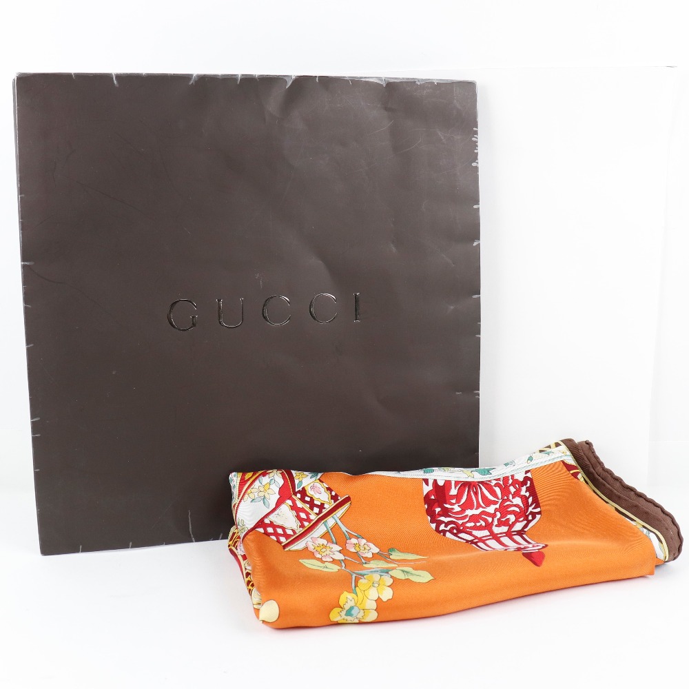 GUCCI】グッチ シルク オレンジ/茶 レディース スカーフ【中古