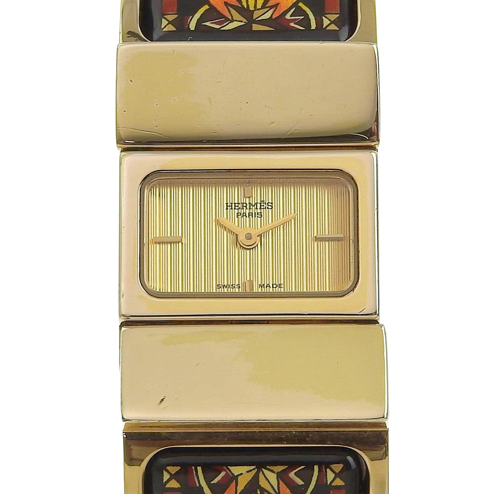 【HERMES】エルメス ロケ L01.210 金メッキ 黒 クオーツ アナログ表示 レディース ゴールド文字盤 腕時計