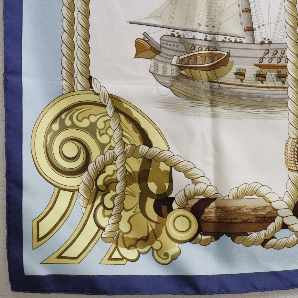【スカーフ90cm角】HERMES カレ Tribord 帆船柄 イエローカラー価値が下がらないエルメスなので