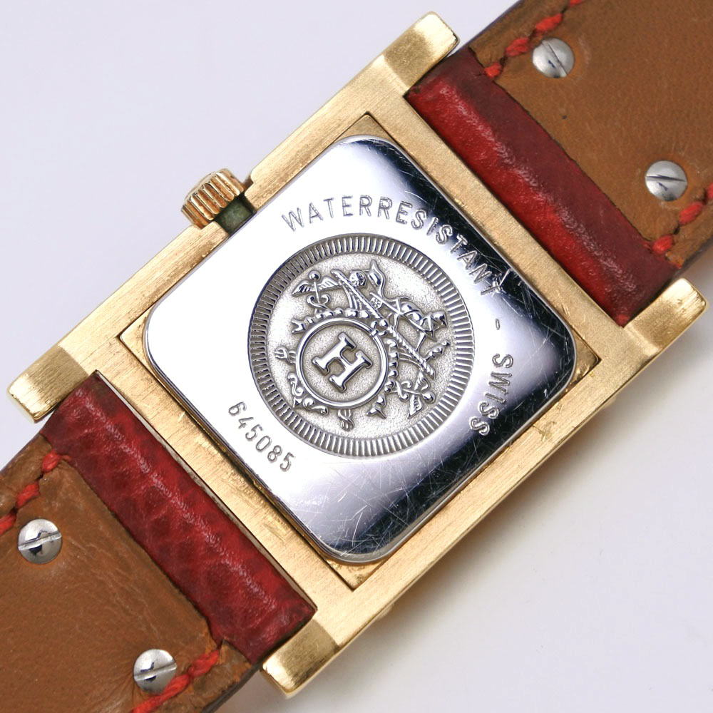 【HERMES】エルメス メドール 金メッキ×レザー 赤 クオーツ アナログ表示 レディース 白文字盤 腕時計