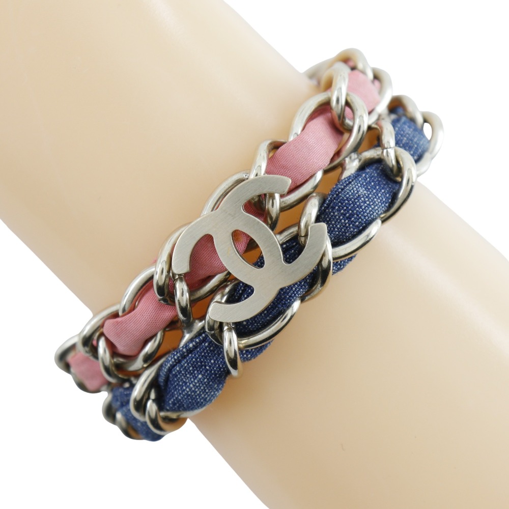 CHANEL COCO Mark Bracelet Chain 2 Silver/Blue / pink metallic