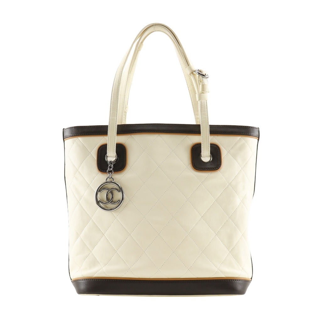 CHANEL Matelasse Tote Bag Coco Charm Ivory Calfskin Women