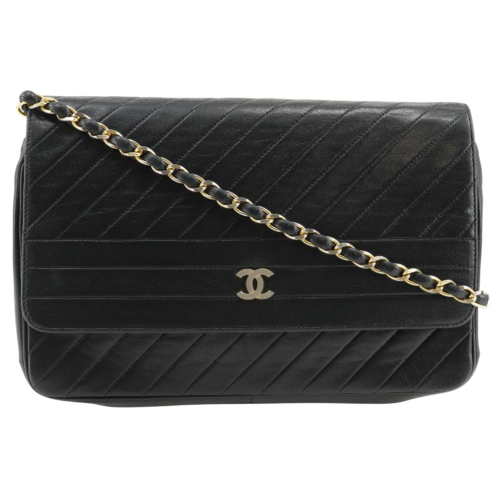 CHANEL ChainShoulder Shoulder Bag Diagonal stitching vintage black lambski...