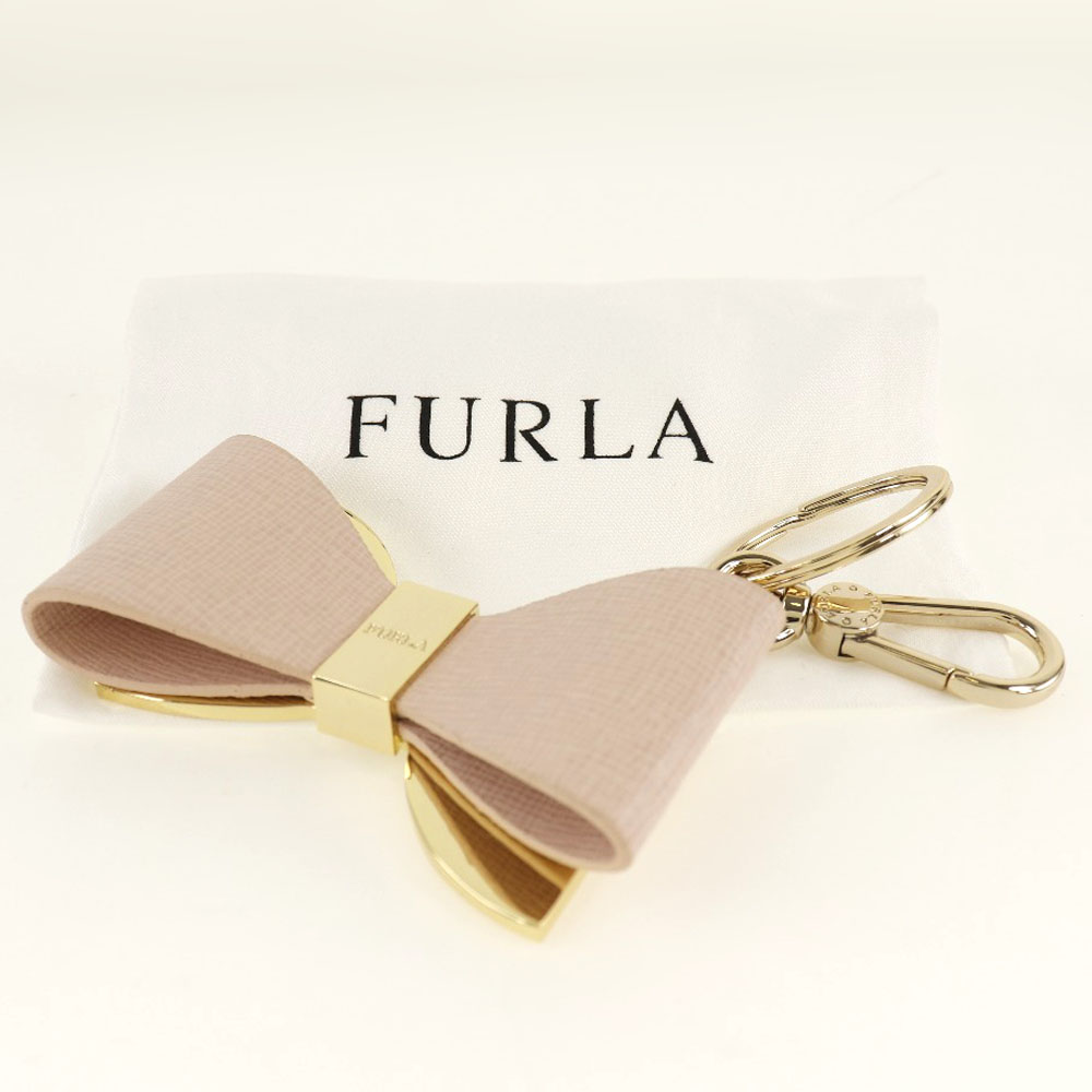 【Furla】フルラ キーホルダー リボン レザー×金メッキ ライトピンク レディース チャーム【中古】