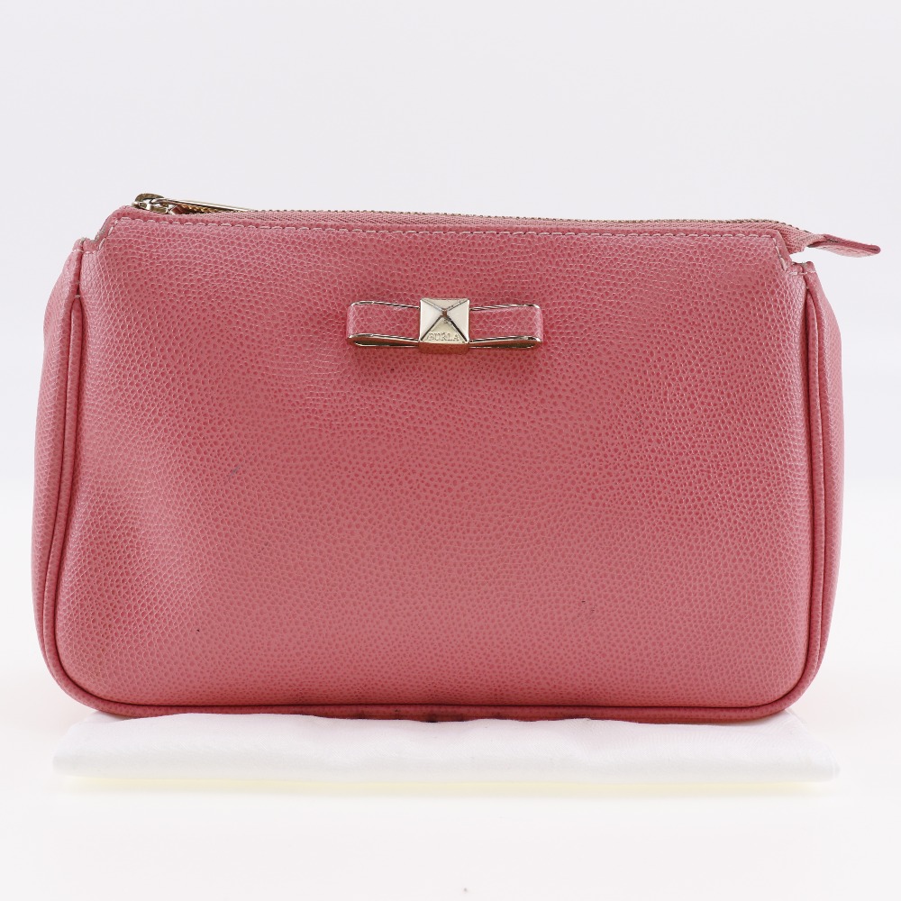 Furla】フルラ リボン レザー ピンク レディース ポーチ【中古】 Furla