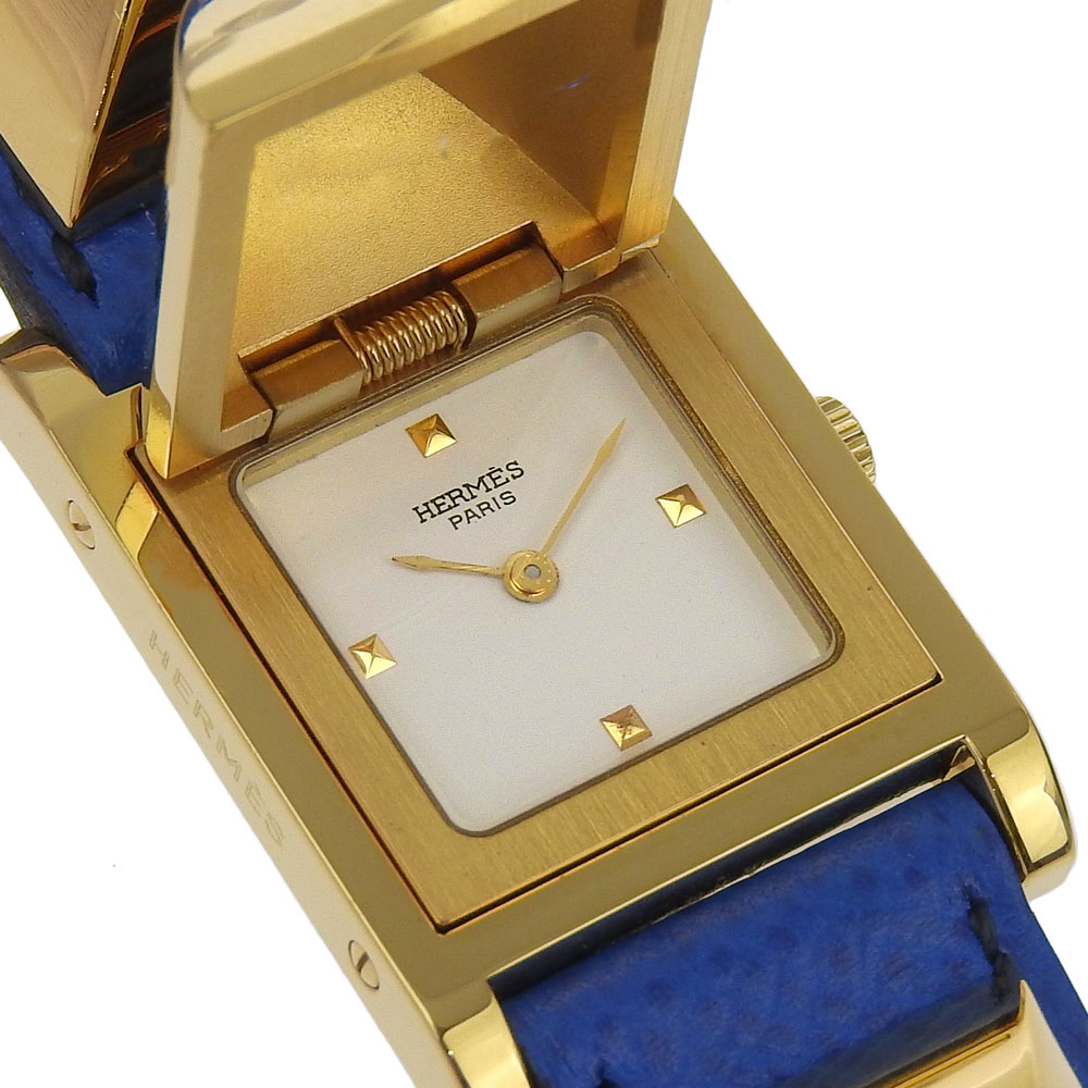 HERMES Medor Watches WhiteDial Plated Gold/Embossed Leather  display picture 2