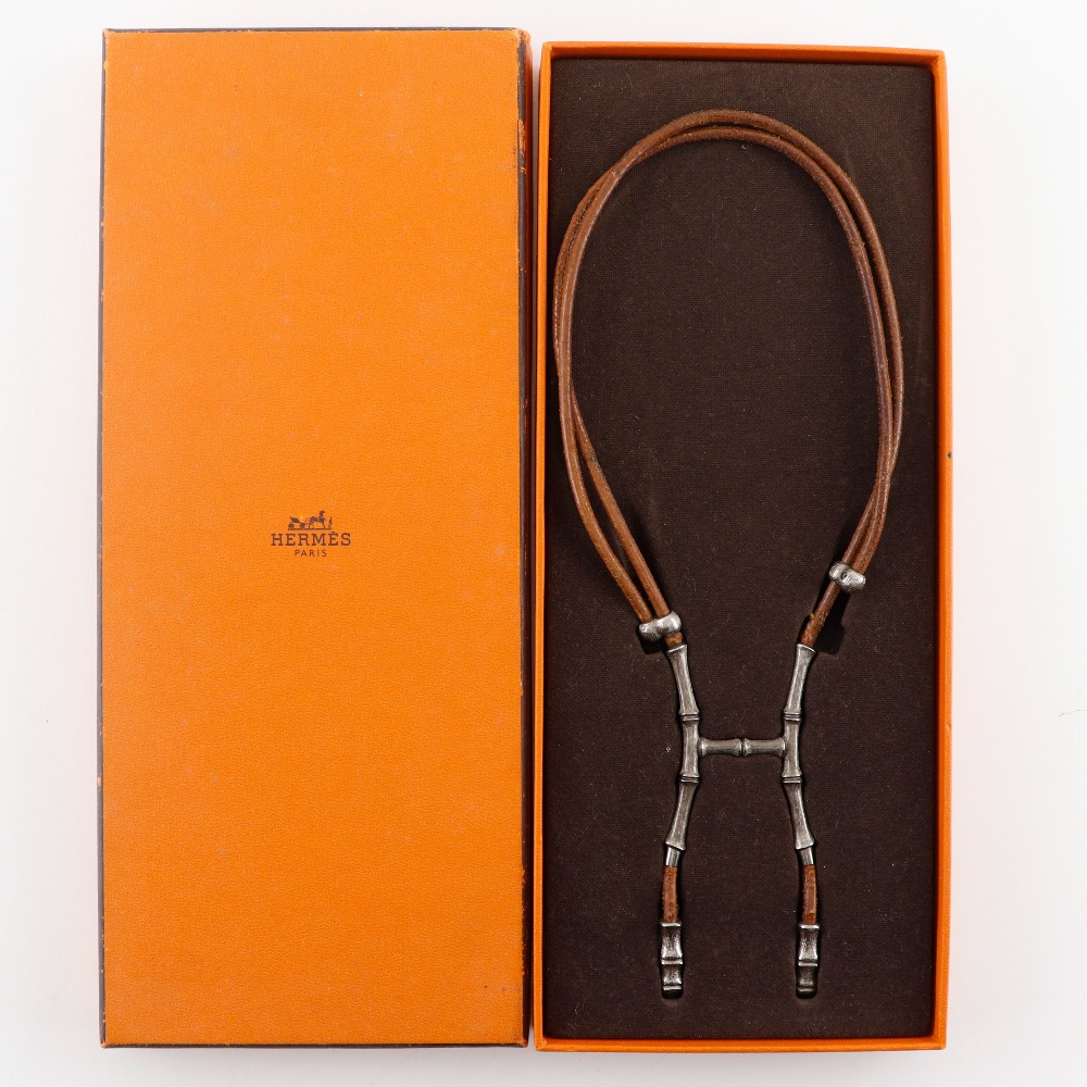 アクセサリー Old HERMES bamboo necklace HERMES Bamboo halter Necklace Silver/Brown leather/metallic 32g