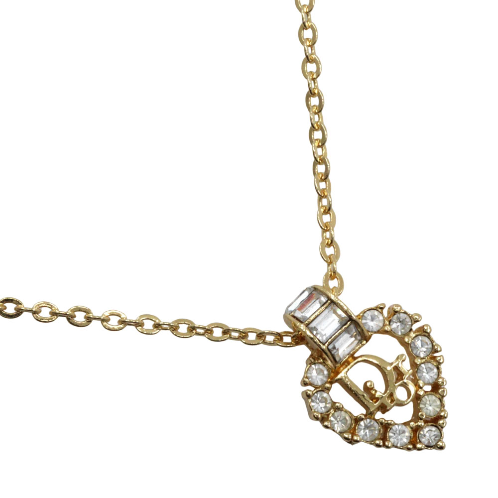 Dior Logo heart Necklace Plated Gold/Rhinestone 5.4g Women