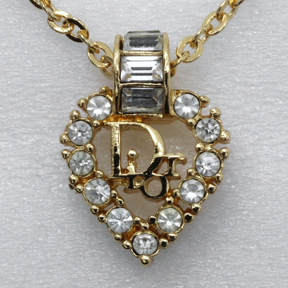 Dior Logo heart Necklace Plated Gold/Rhinestone 5.4g Women