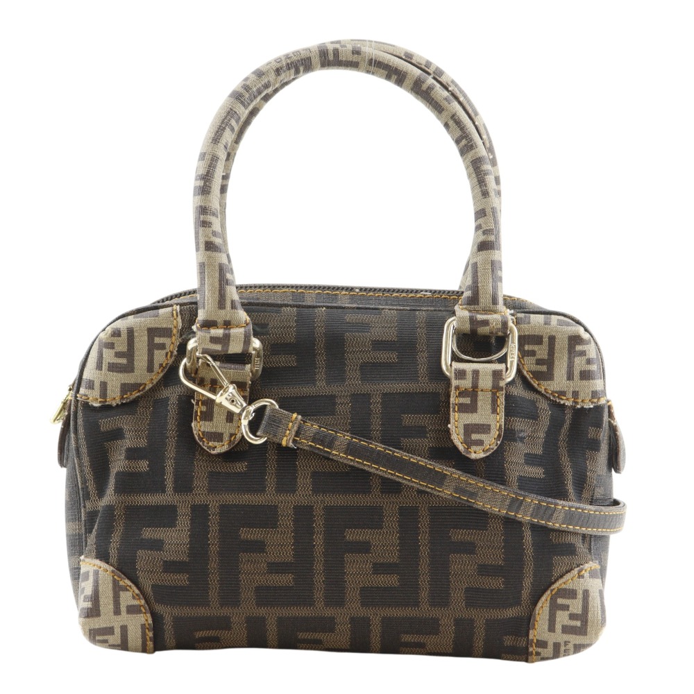 FENDI Mini Boston 2-Way Shoulder Bag Handbag Zucca Brown Nylon